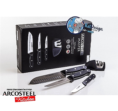 סט 3 סכינים מאסטר ומשחיז מבית Arcosteel master