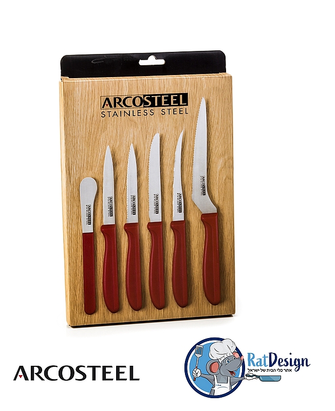 סט 6 סכינים למטבח אדום בכל הגדלים פרו מיקס מבית Arcosteel