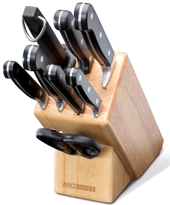 סט 9 חלקים - סכיני שף, מטבח ומספריים עם מעמד עץ - ארקוסטיל