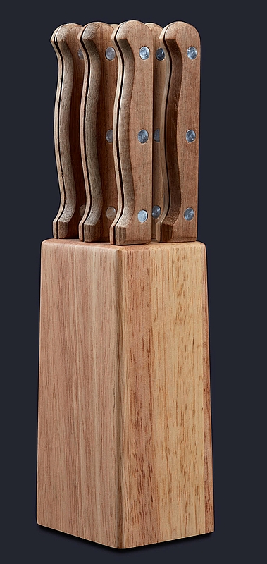סט 6 סכיני סטייק ידית עץ ובלוק מעמד  - ארקוסטיל