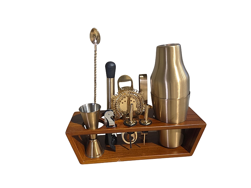 סט קוקטייל לברמן זהב עם מעמד עץ 11 חלקים יוקרתי