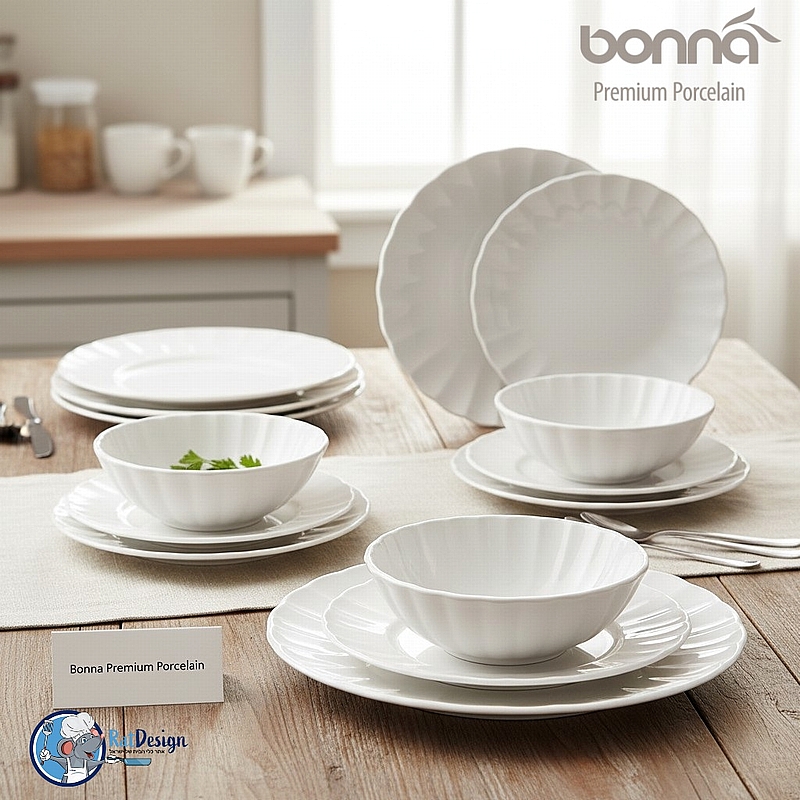 סט צלחות גורמה 18 חלקים BONNA לבן פרח EAST - ארקוסטיל משלוח חינם